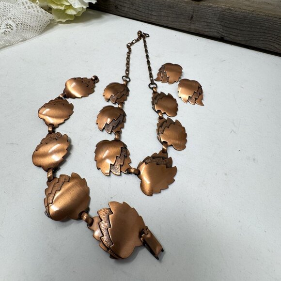 Vintage Copper Leaf Necklace & Earrings Bracelet Set With Art Deco-Inspired Desi - Picture 2 of 8
